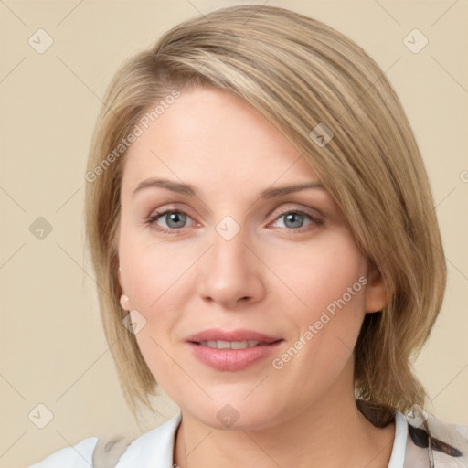 Joyful white young-adult female with medium  brown hair and blue eyes