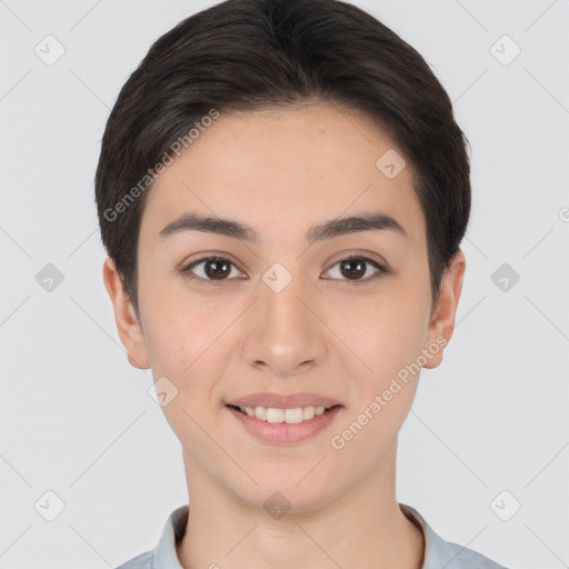 Joyful white young-adult female with short  brown hair and brown eyes