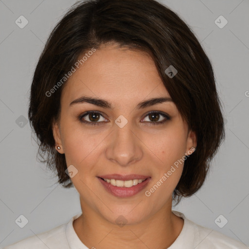 Joyful white young-adult female with medium  brown hair and brown eyes