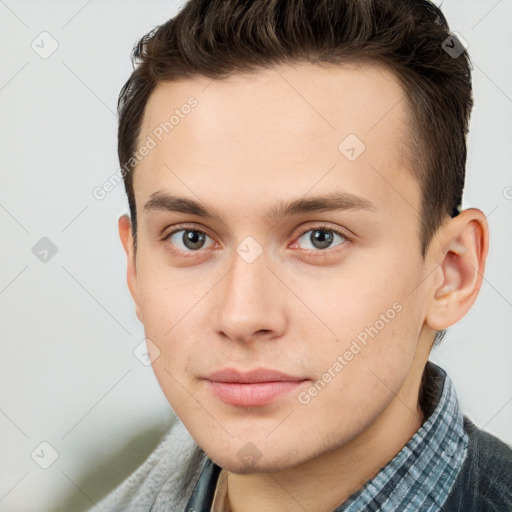 Neutral white young-adult male with short  brown hair and brown eyes