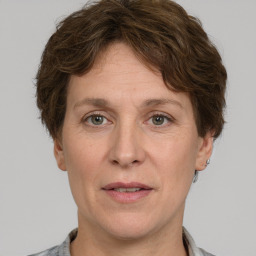 Joyful white adult female with short  brown hair and grey eyes