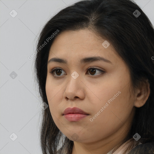 Neutral asian young-adult female with long  brown hair and brown eyes