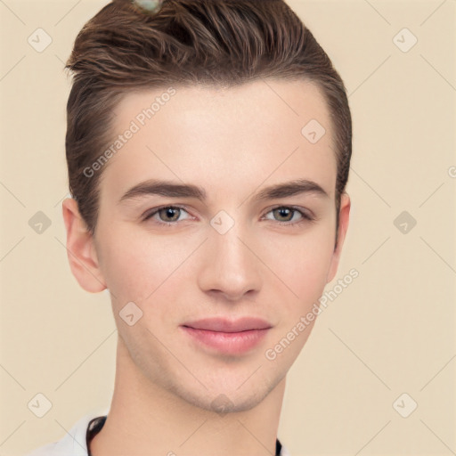 Neutral white young-adult male with short  brown hair and brown eyes