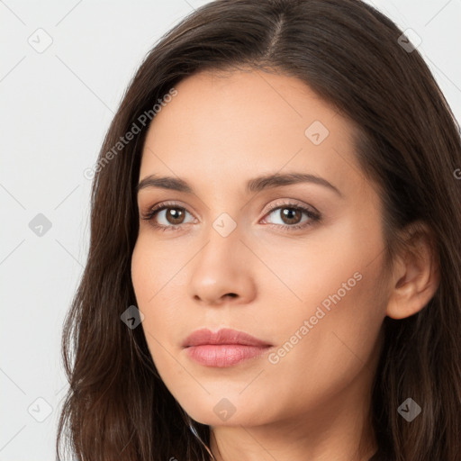 Neutral white young-adult female with long  brown hair and brown eyes