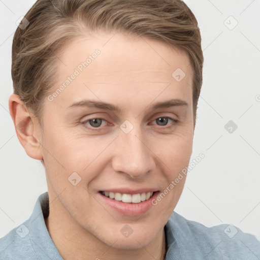 Joyful white young-adult female with short  brown hair and grey eyes