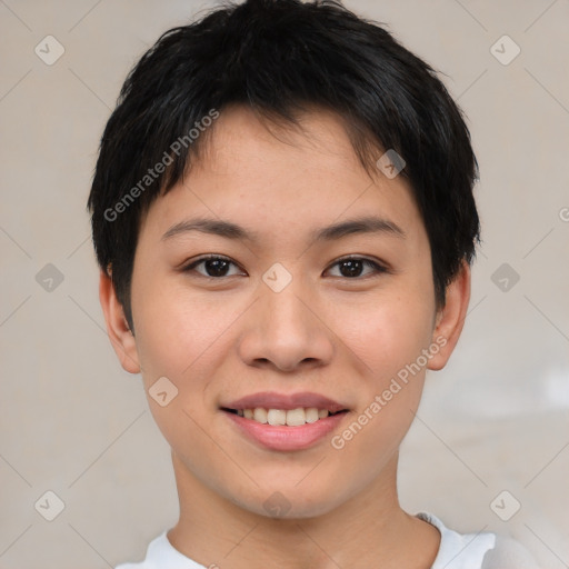 Joyful asian young-adult female with short  brown hair and brown eyes