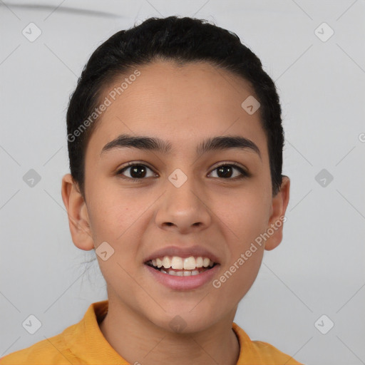 Joyful latino young-adult female with short  brown hair and brown eyes