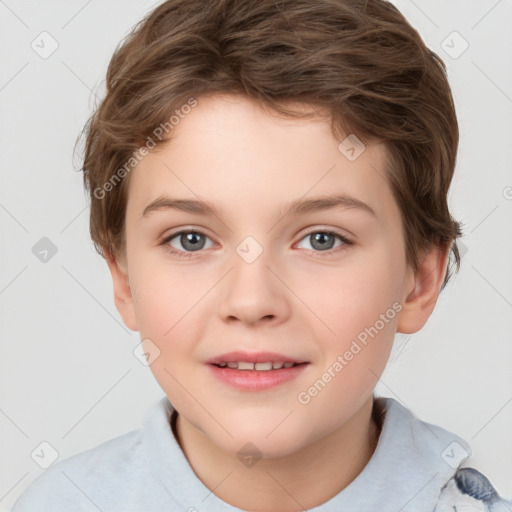 Joyful white child female with short  brown hair and brown eyes