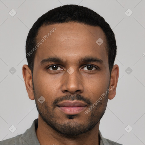 Neutral black young-adult male with short  black hair and brown eyes