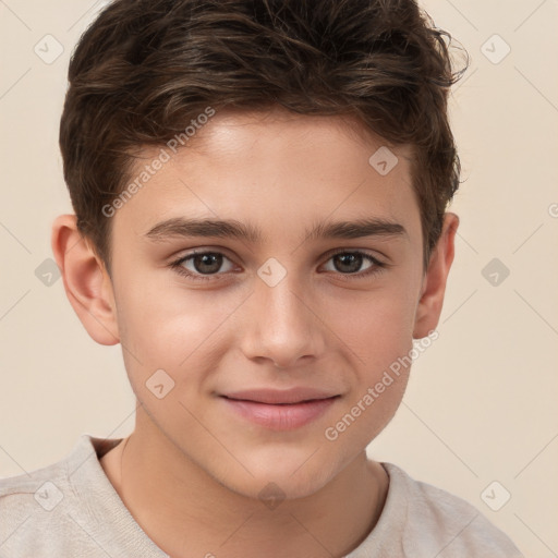 Joyful white child male with short  brown hair and brown eyes