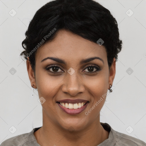 Joyful latino young-adult female with short  black hair and brown eyes