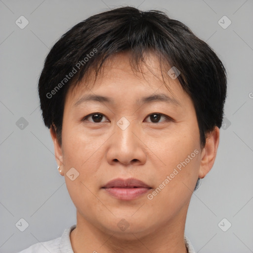 Joyful asian adult female with short  brown hair and brown eyes