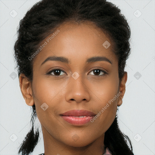 Joyful latino young-adult female with long  brown hair and brown eyes