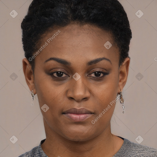 Neutral black young-adult female with short  black hair and brown eyes