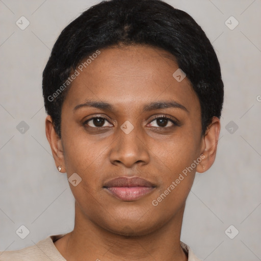 Joyful latino young-adult female with short  black hair and brown eyes