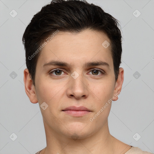 Neutral white young-adult male with short  brown hair and brown eyes