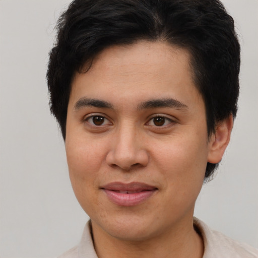 Joyful asian young-adult female with short  brown hair and brown eyes