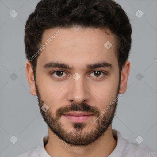 Neutral white young-adult male with short  brown hair and brown eyes