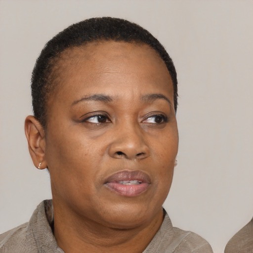 Neutral black adult female with short  brown hair and brown eyes