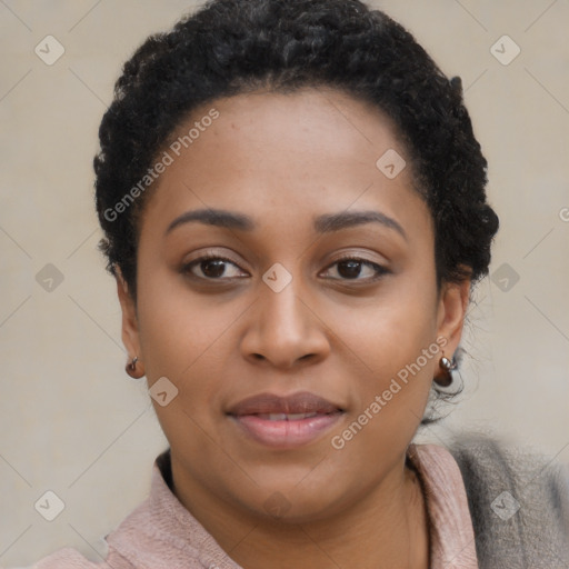 Joyful latino young-adult female with short  black hair and brown eyes