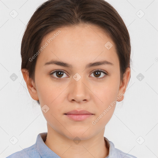 Neutral white young-adult female with short  brown hair and brown eyes