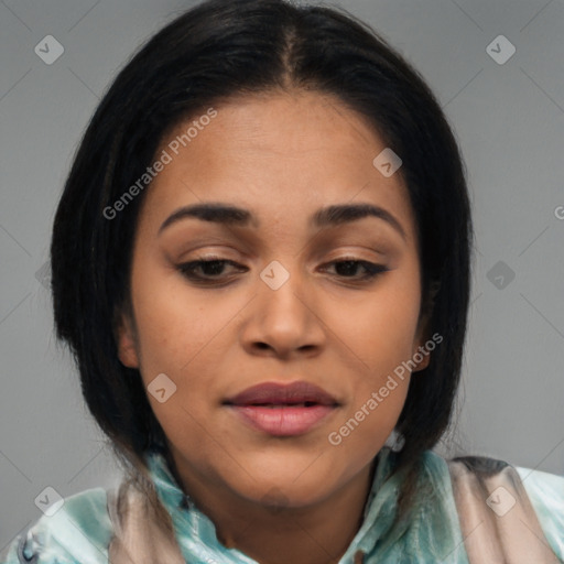 Joyful latino young-adult female with medium  brown hair and brown eyes