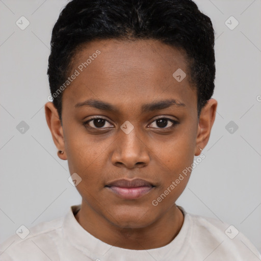 Neutral black young-adult female with short  black hair and brown eyes