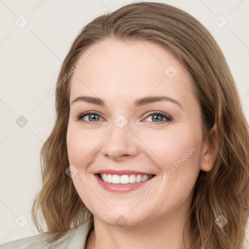 Joyful white young-adult female with medium  brown hair and green eyes