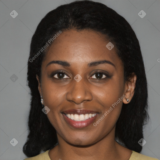 Joyful black young-adult female with medium  black hair and brown eyes