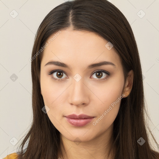 Neutral white young-adult female with long  brown hair and brown eyes