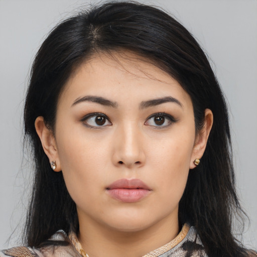 Neutral asian young-adult female with medium  black hair and brown eyes