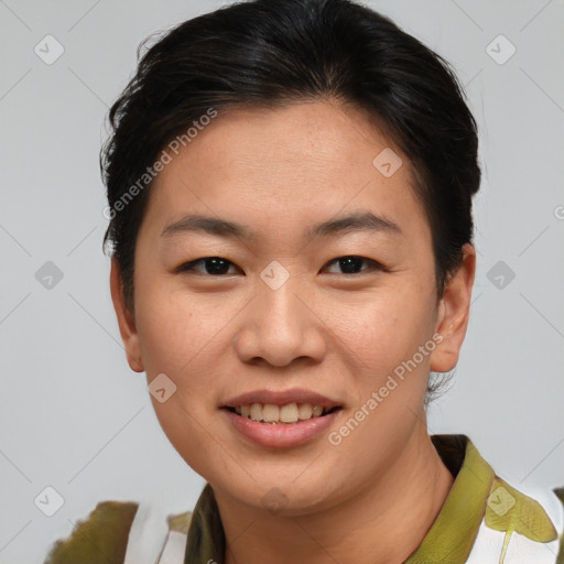 Joyful asian young-adult female with short  brown hair and brown eyes