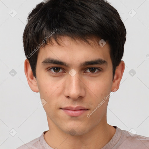 Neutral white young-adult male with short  brown hair and brown eyes