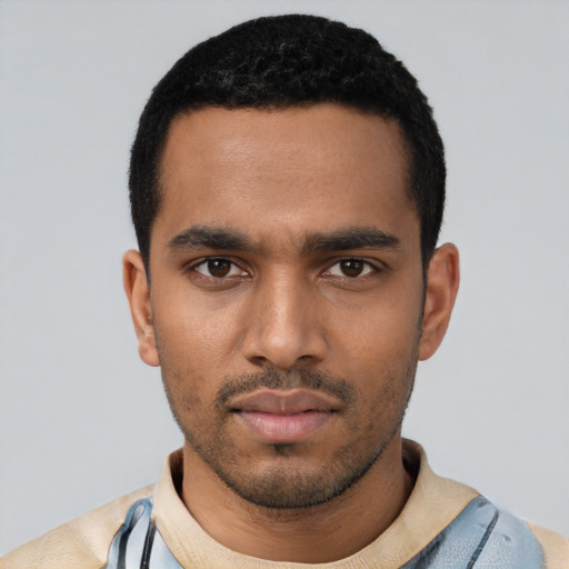 Neutral black young-adult male with short  black hair and brown eyes