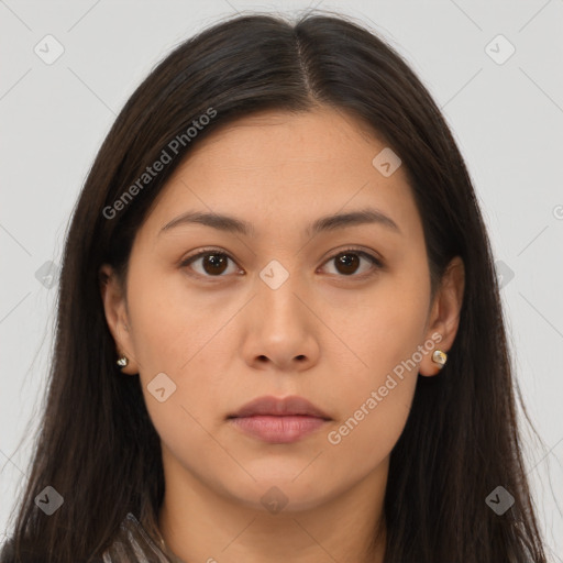 Neutral asian young-adult female with long  brown hair and brown eyes