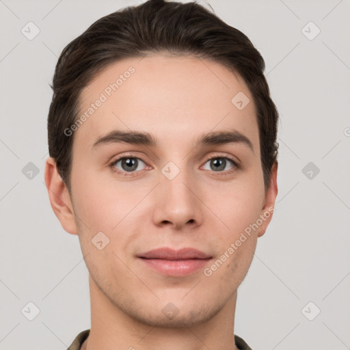 Joyful white young-adult male with short  brown hair and grey eyes