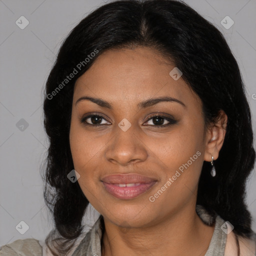 Joyful black young-adult female with medium  brown hair and brown eyes