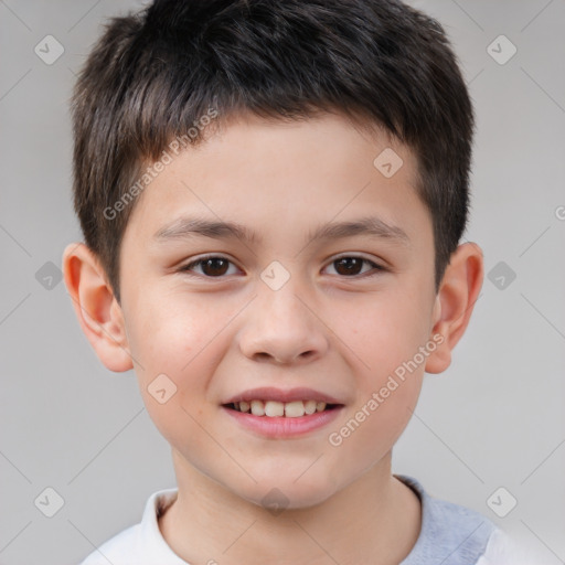 Joyful white child male with short  brown hair and brown eyes