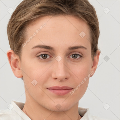 Joyful white young-adult female with short  brown hair and grey eyes