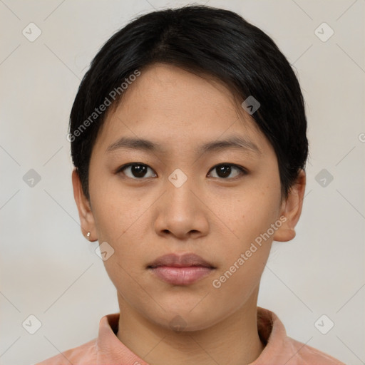 Neutral asian young-adult female with short  black hair and brown eyes