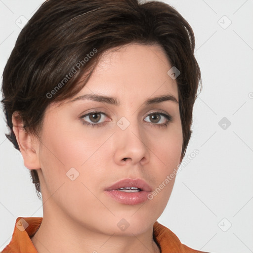 Neutral white young-adult female with medium  brown hair and brown eyes