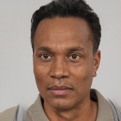 Neutral black adult male with short  black hair and brown eyes