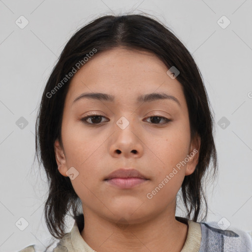 Neutral asian young-adult female with medium  brown hair and brown eyes