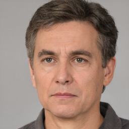 Neutral white adult male with short  brown hair and grey eyes