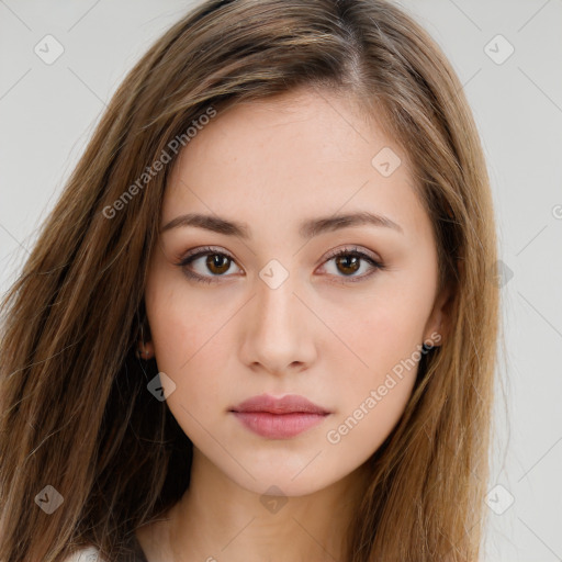 Neutral white young-adult female with long  brown hair and brown eyes