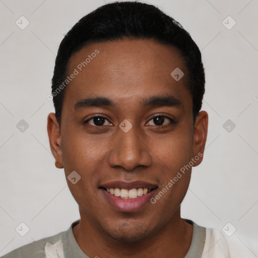 Joyful latino young-adult male with short  black hair and brown eyes