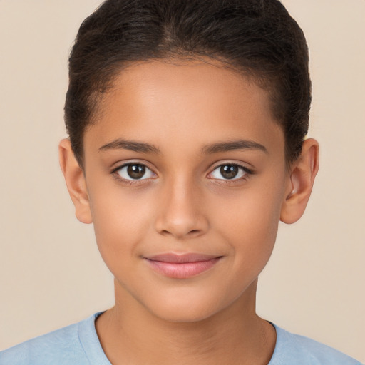 Joyful white child female with short  brown hair and brown eyes