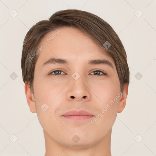 Neutral white young-adult male with short  brown hair and brown eyes