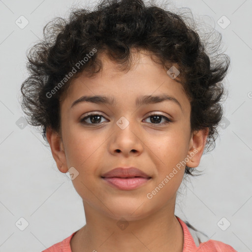 Joyful white child female with short  brown hair and brown eyes