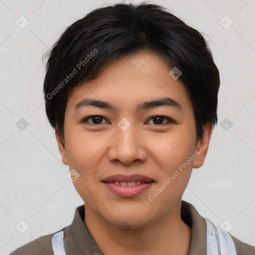 Joyful asian young-adult female with short  black hair and brown eyes